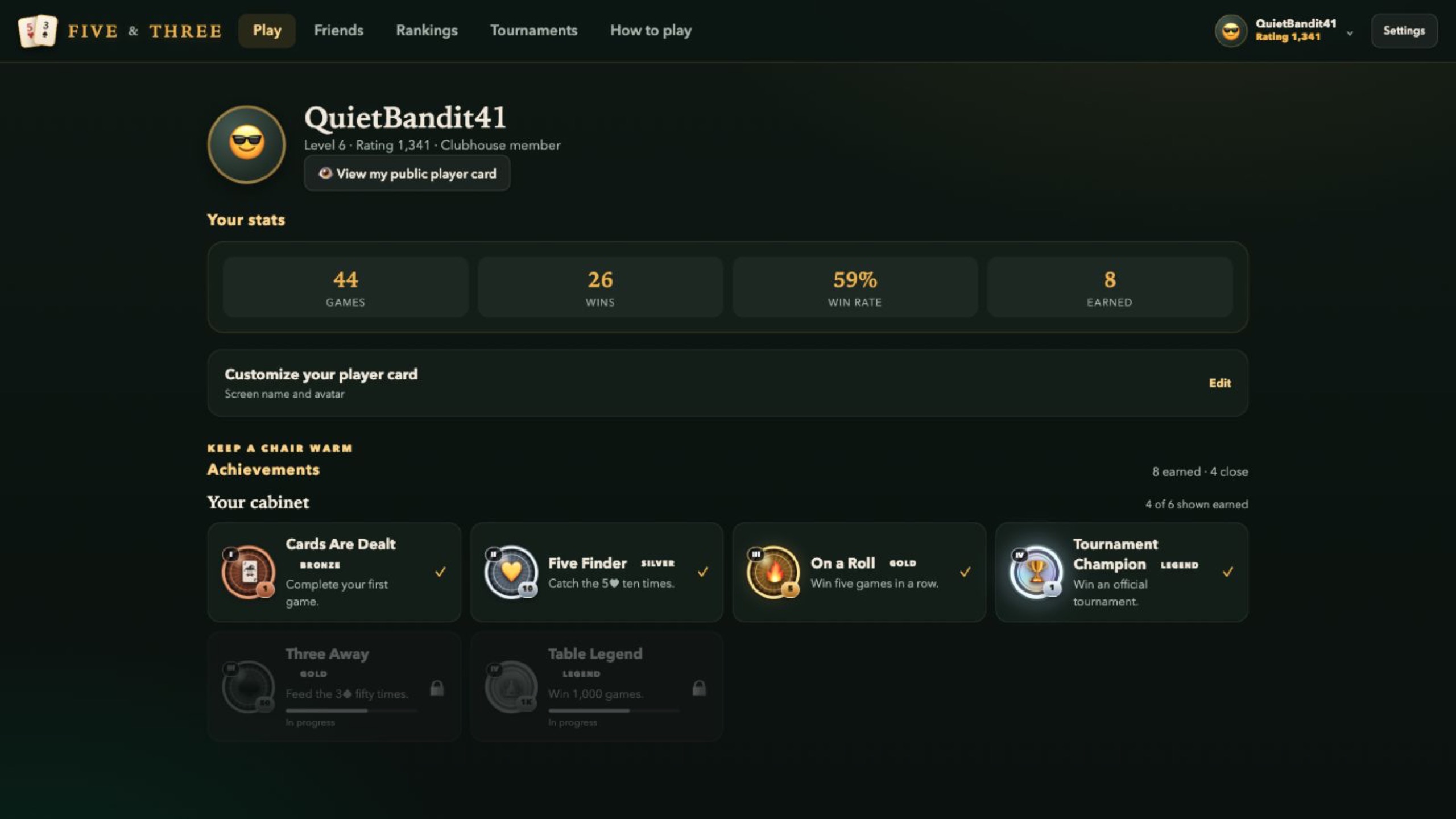 A Five and Three player achievement cabinet with earned and locked badges