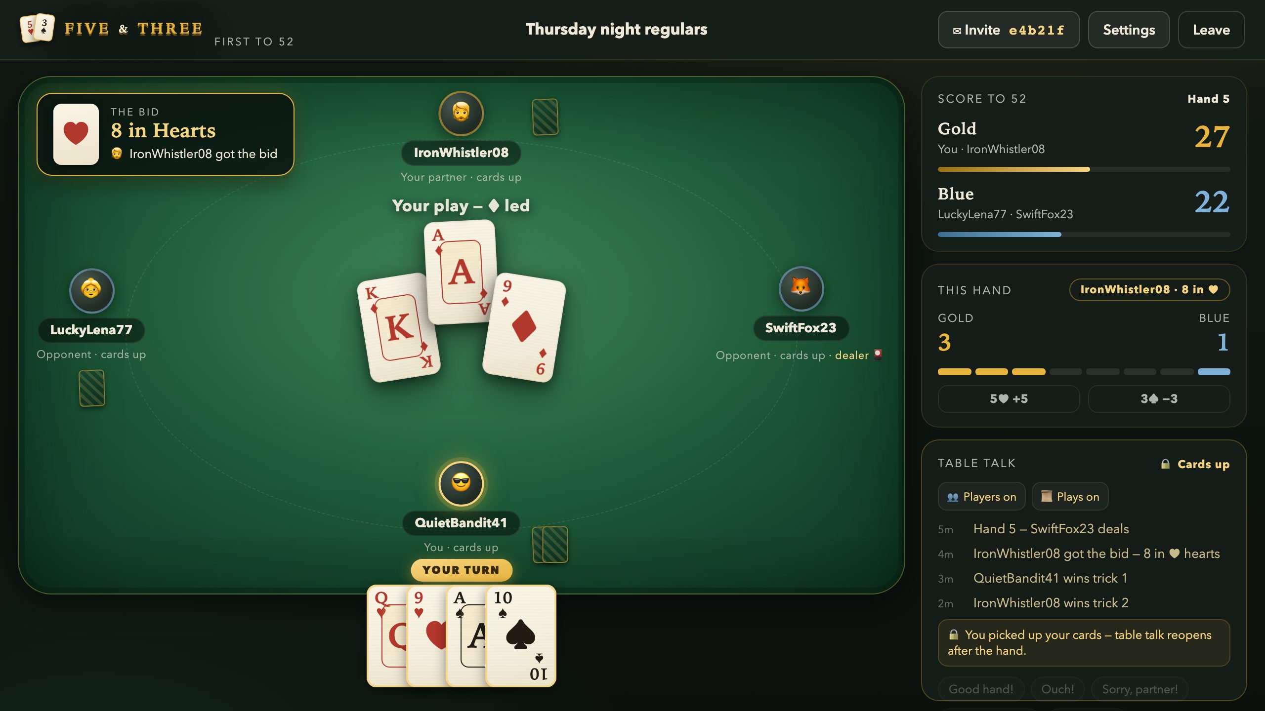 A Five and Three hand in progress — three cards on the felt, score 27 to 22