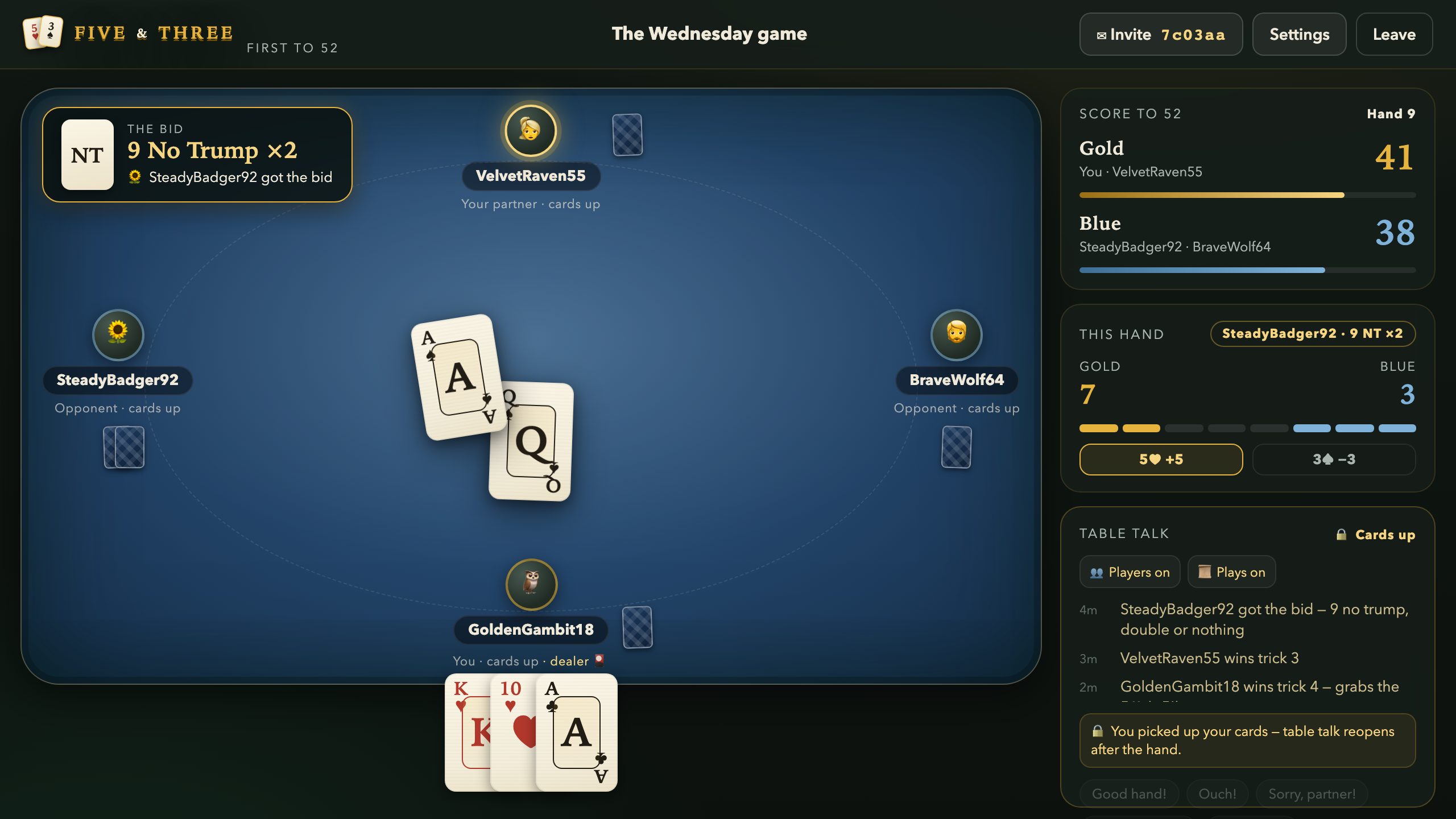 A No Trump hand late in a close game