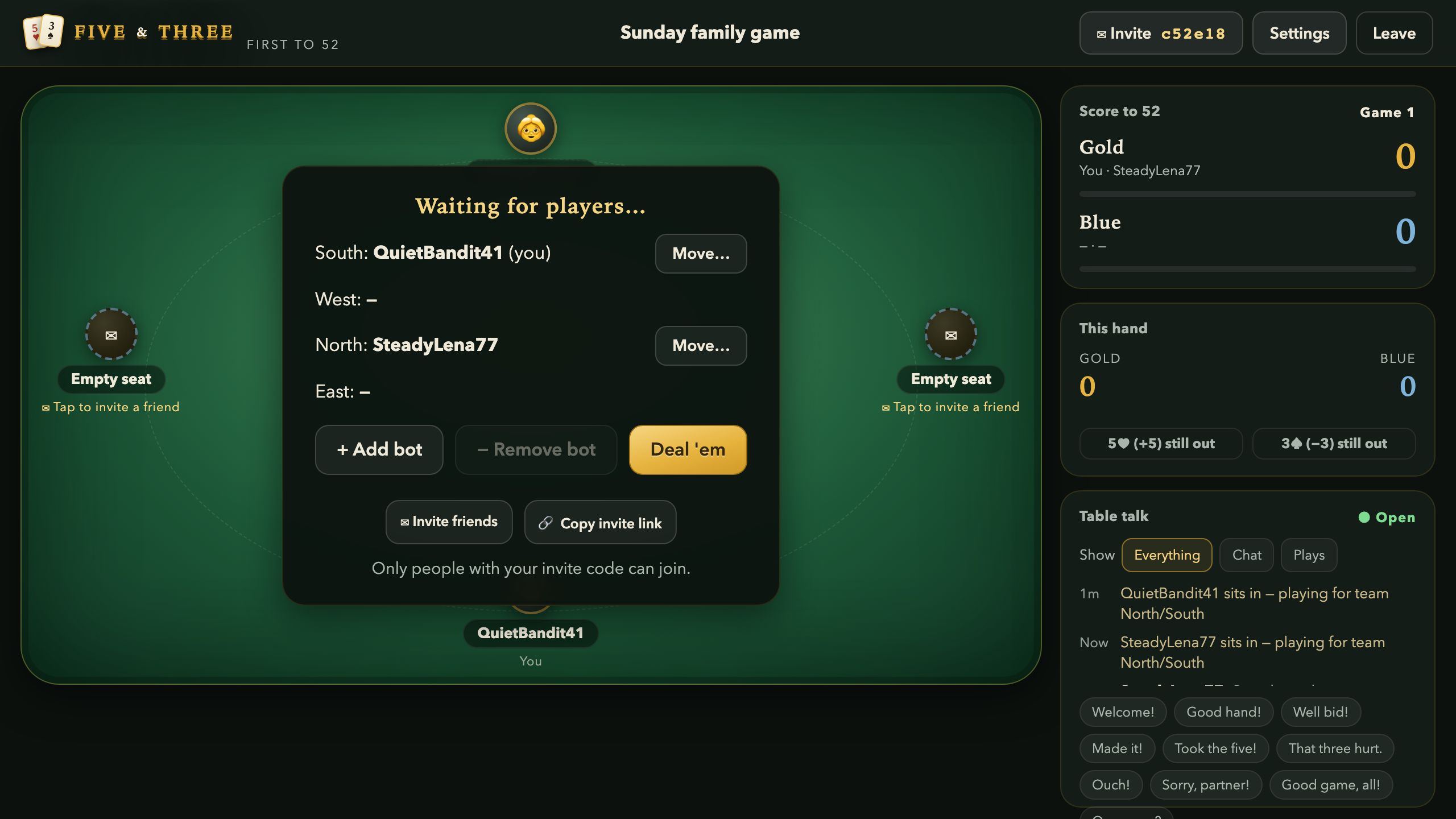 A private table waiting for two more friends, with buttons to invite friends and copy the invite link