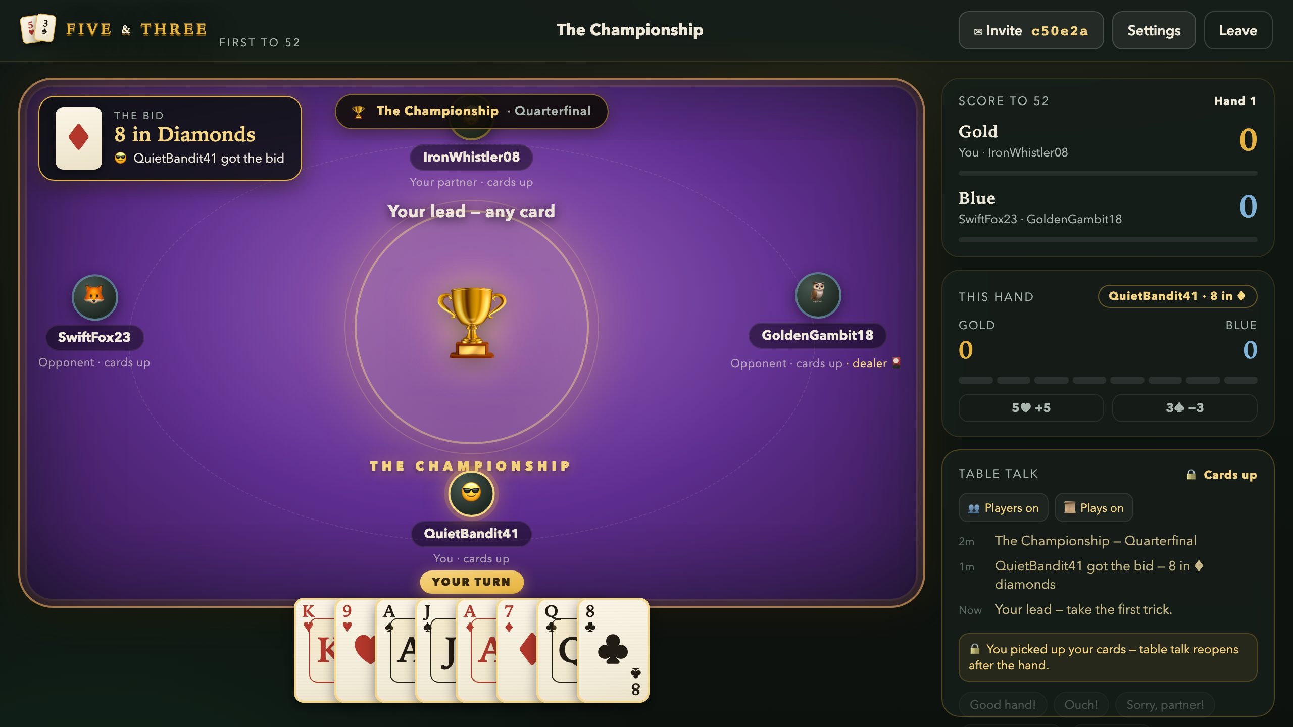 A championship tournament table with a glowing trophy crest on the felt