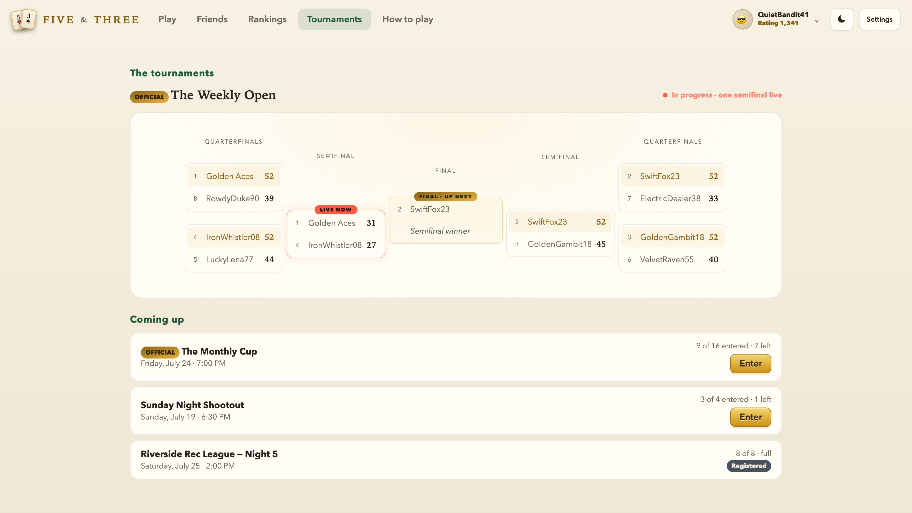A tournament in progress with a live bracket and more tournaments coming up
